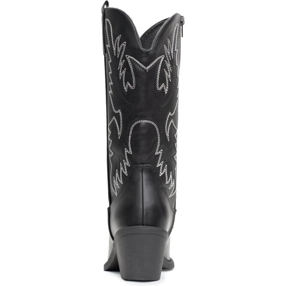 Women's Black Embroidery Western Cowgirl Boots Pull On Pointy Toe Mid Calf - Picture 6 of 6